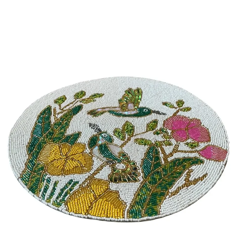 Nicole Miller Glass Beaded Placemat Charger 15in Colorful Bird & Floral NEW